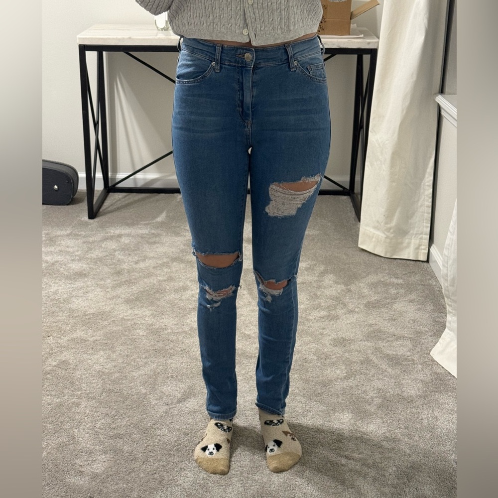 Topshop Blue Skinny Jeans with Knee Distressing